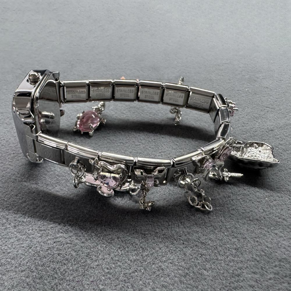 Italian Charm Bracelet Watch Stainless Steel Square Module Bracelet Watch Diamond Pendant 9mm Italian Charm Watch for Women