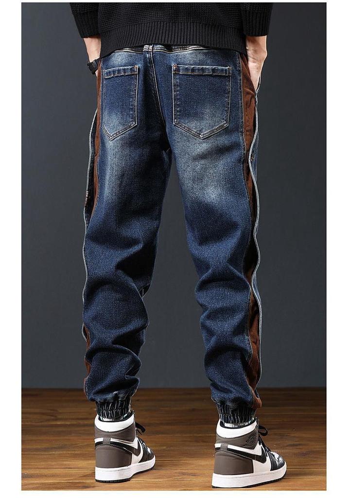 Męskie Grube Jeansy Robocze Patchworkowe - Luźne, Zakończone Ściągaczem, Modna Marka Streetwear, Spodnie Haremki