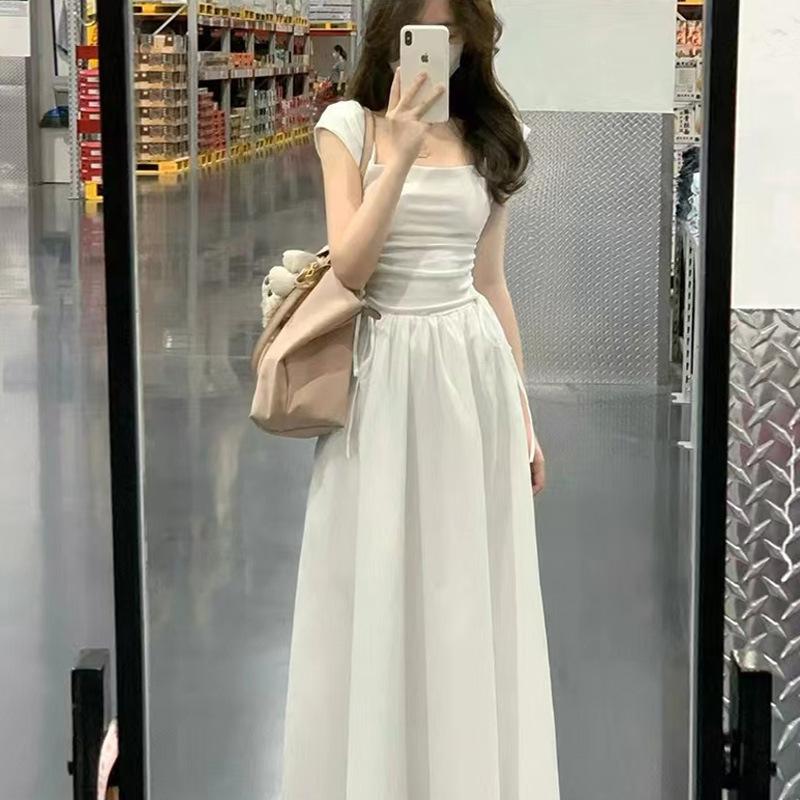 

Coffee break French first love square collar dress children s summer new pure milk sweet long dress waist small long dress S белый