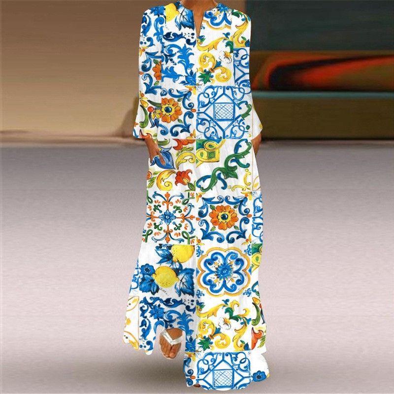 New Chinese Style Chinese Style Skirt Elegant Sexy Long Sleeves 3D Print Long Skirt Loose Plus Size Women's Clothing Long Dress