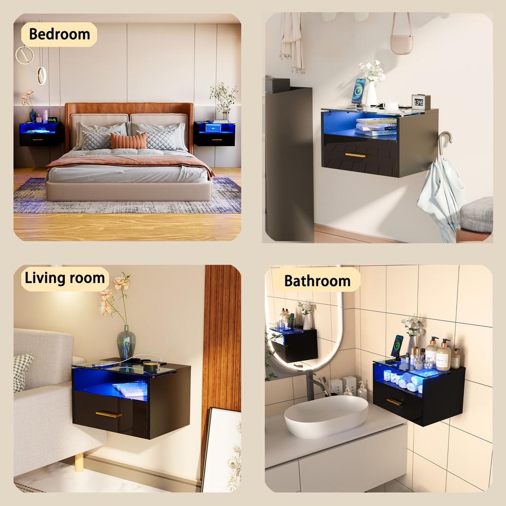 Wall-mounted Bedside Table with Lights 3-Tier 2AC/2USB with Drawer Wood Bedside Multifunctional Cabinet Tempered Glass Top Shelf