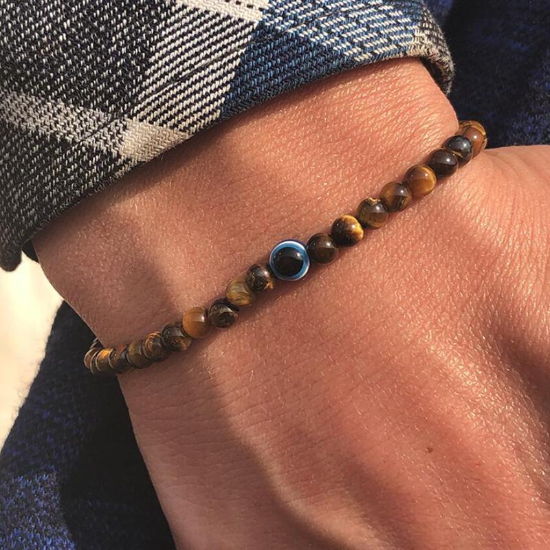 MKENEDN 6mm Natural Stone Beads Evil Eye Bracelet Reiki Hematite Elastic Bracelets For Men Women Hand Jewelry Pulseras Homme