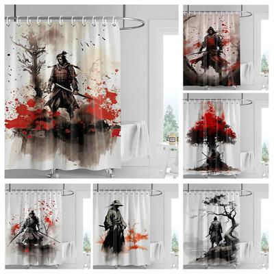 Japanese-Style Gogi Retro Character Printed Shower Curtain Fading-Resistant Bathroom Partition Curtain For Hotel Home Decoration