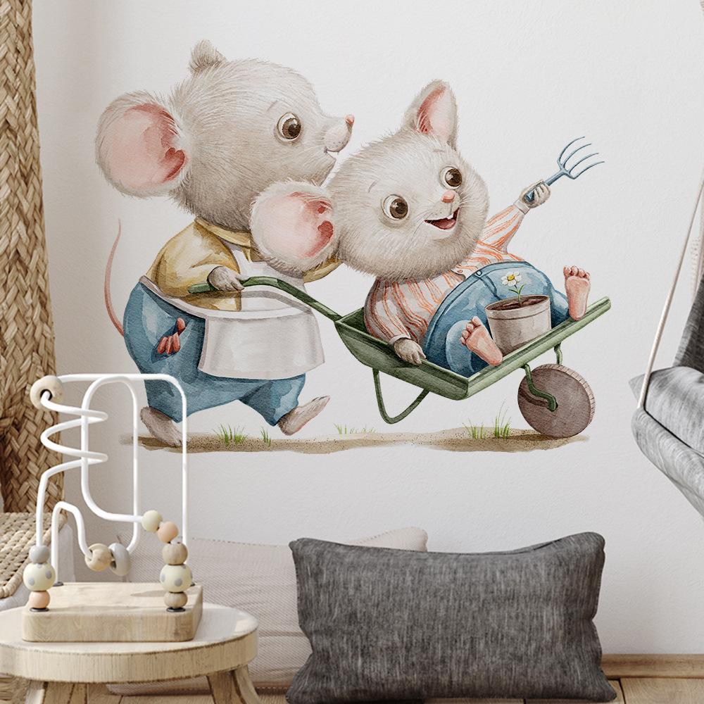 Cute Mouse with Cart Wall Stickers for Kids Room Nursery Wall Decoration Waterproof PVC Wall Art