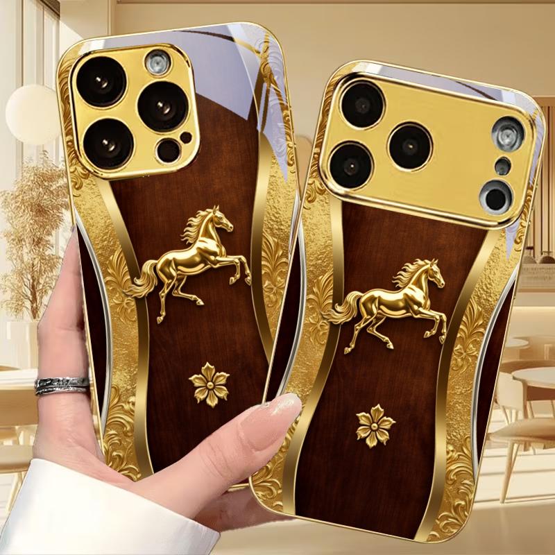 Luxury Gilded Stallion Electroplated Golden Phone Case For iPhone 17 16 15 14 13 12 11 Pro Max Plus 16E 17Air 7 8 Xs Back Cover