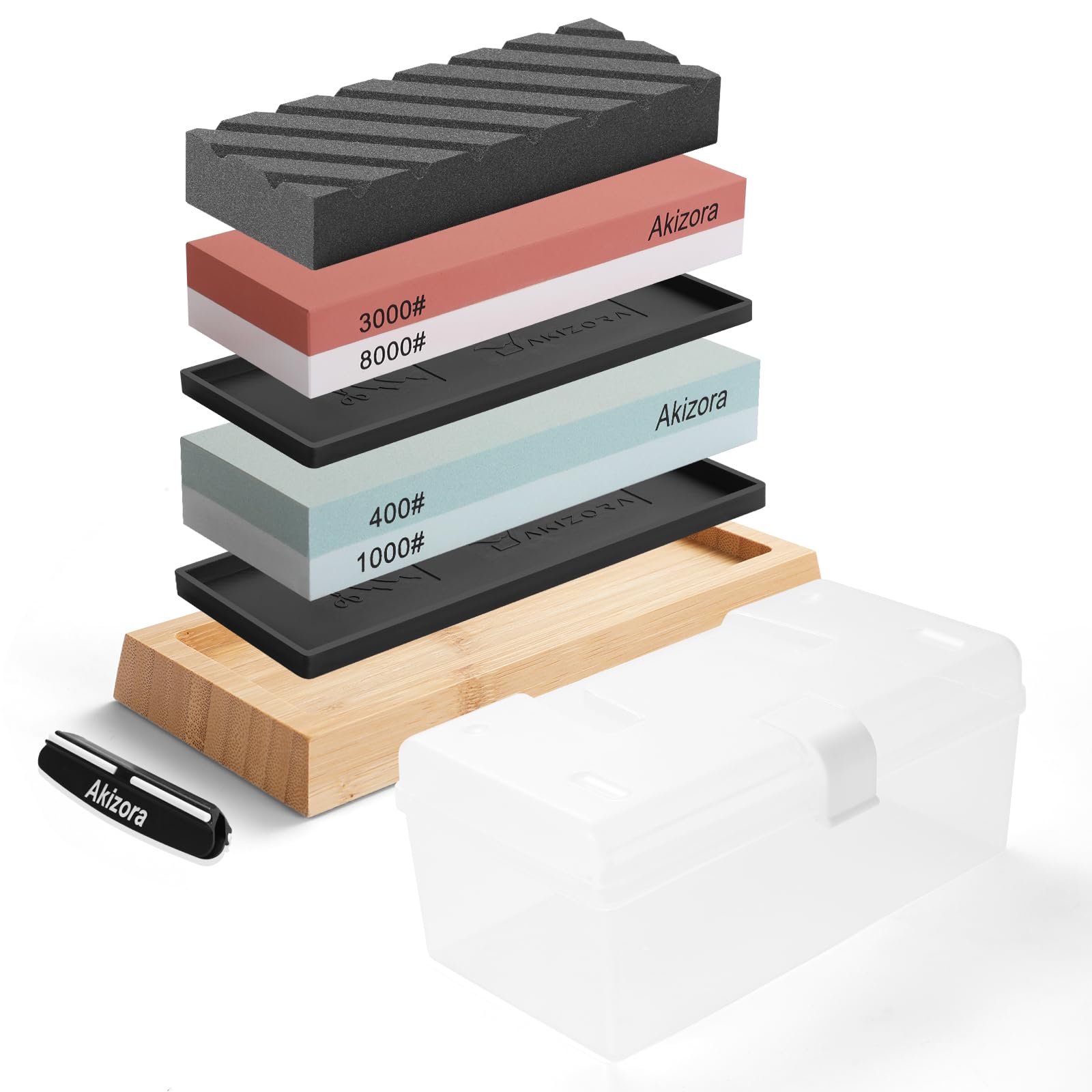 

Набор точильных камней Akizora и точильный камень 8000 грит с поверхностью, фиксированный угол, прочный бамбук и хранение, идеально подходит для домашнего использования и финишной обработки ножей, набор,