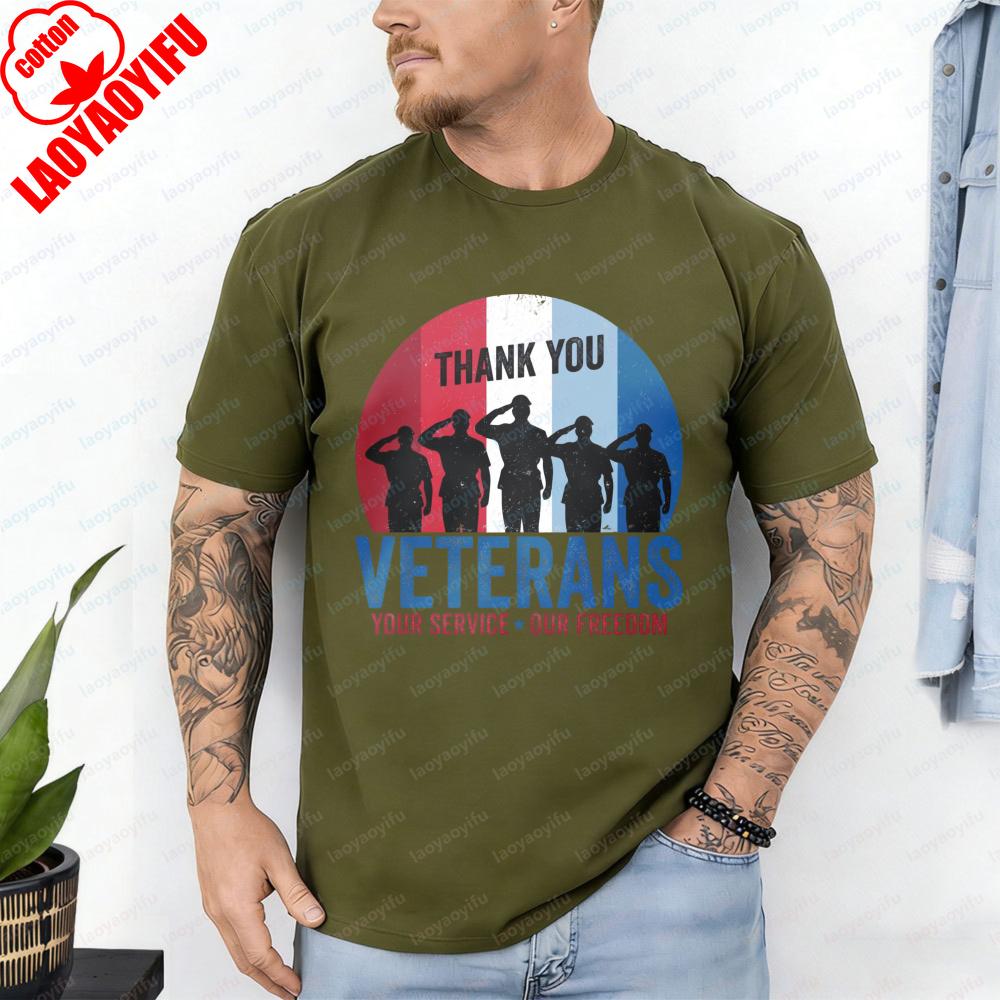 Thank You Veterans TShirt Salute Soldier Silhouette Patriotic Casual Cotton Tee Retro Veterans Day Tops Classic Mens Clothing S