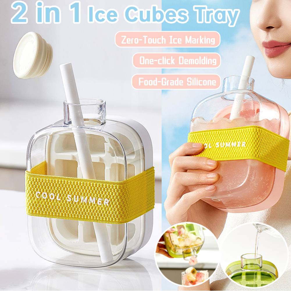Portable Ice Cube Mold With Lid NO SPILL Ice Cube Tray NO-TOUCH Silicone Ice Cube Tray with Straw BBQ Home Kitchen Accessories
