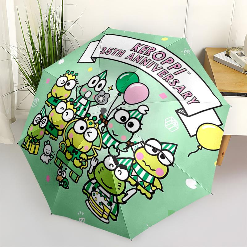 1pc Keroppi Frog Family 35th Anniversary Edition Automatic Open/Closed Umbrella - Portable Three-Fold Design with 8-Bone Iron Frame, Outdoor, Gift for