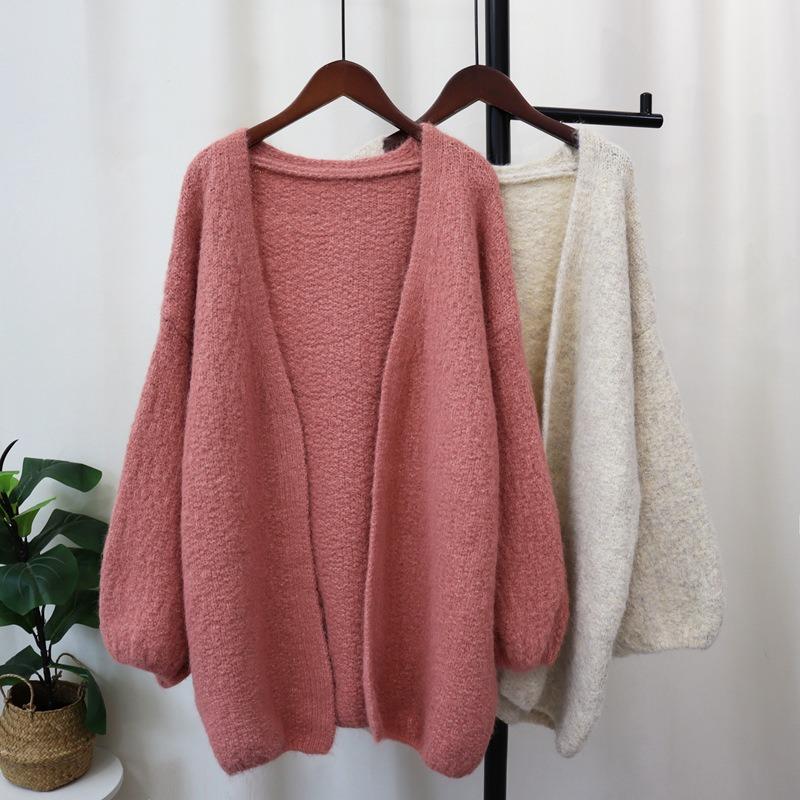 Autumn and Winter New Medium and Long Loose Lazy Wind Sweater Jacket Soft Waxy Gentle Wind Solid Color Knitted Cardigan Women
