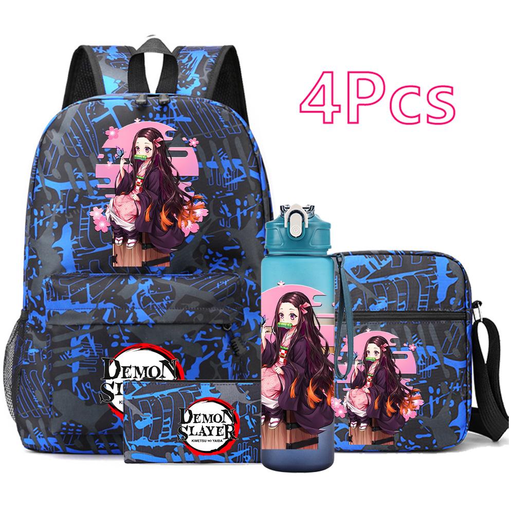 4 Pezzi/set Zaino Stampato Anime Demon Slayer Grande Capacità Borsa per Libri Borsa a Spalla Custodia per Borsa con Borraccia da 750ml Ragazzo Ragazza Zaino Impermeabile
