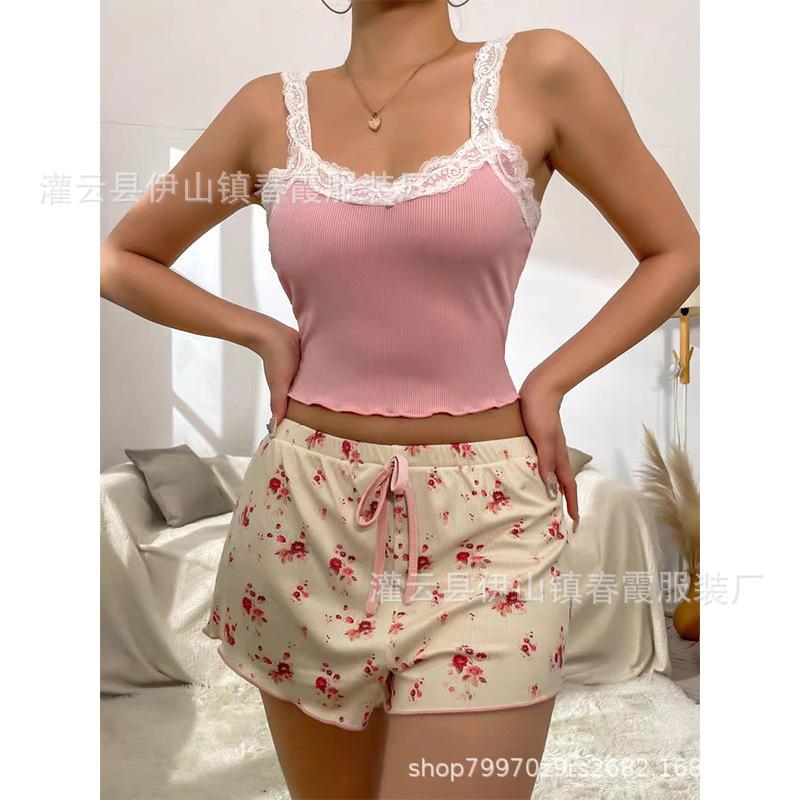 Homewear lace suspender shorts set comfortable home leisure can be worn outside autumn and winter pajamas women