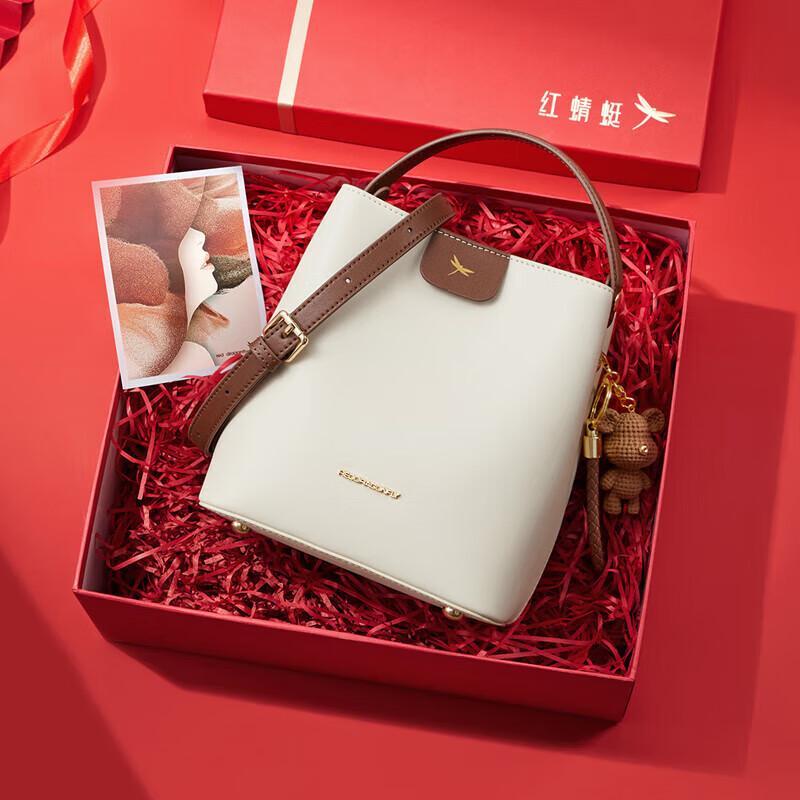 RED DRAGONFLY Light Luxury Cowhide Shoulder Bucket Bag