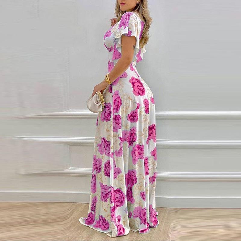 Women's Clothing, V-neck, Cinched Waist, Printed, Large Hem, Dress