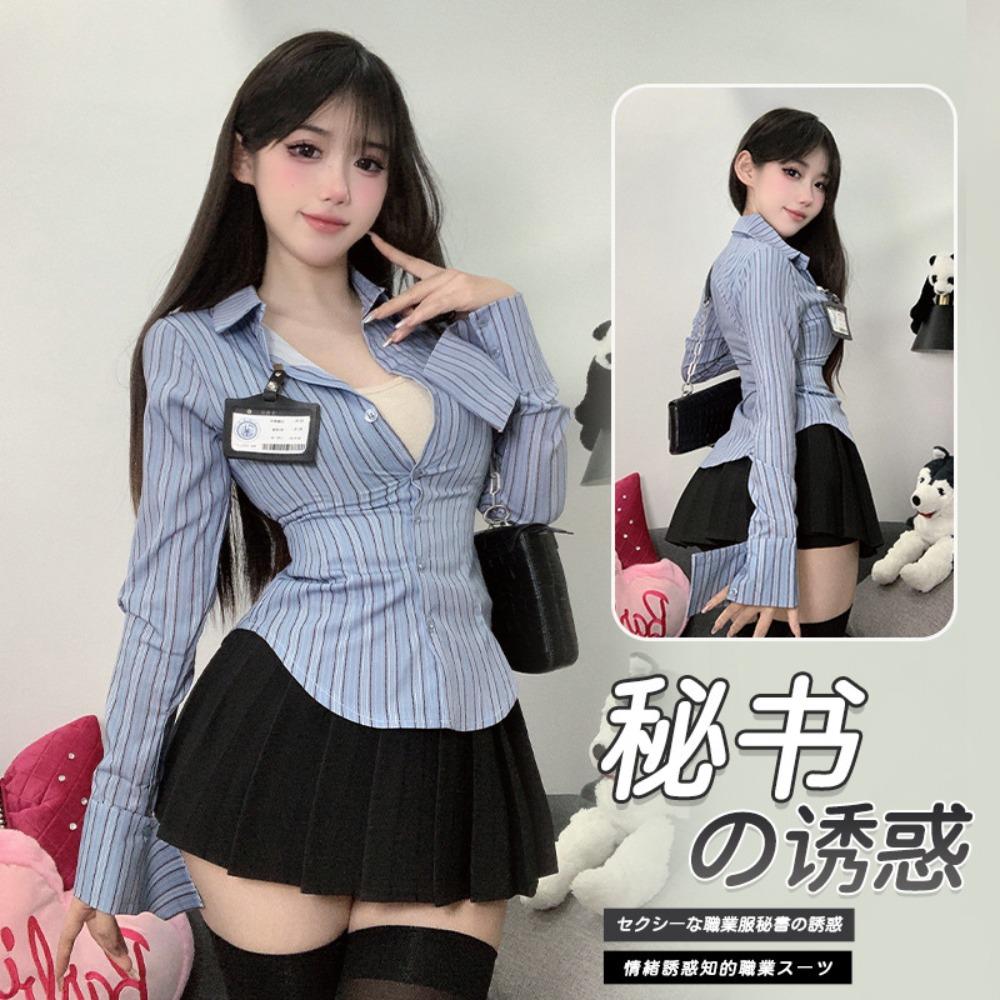 РЎРµРєСЃСѓР°Р»СЊРЅРѕРµ РЅРёР¶РЅРµРµ Р±РµР»СЊРµ Domila JK Uniform Suit Pure Desire Spice Girl Striped Long Sleeved Shirt Top Professional Suit XL