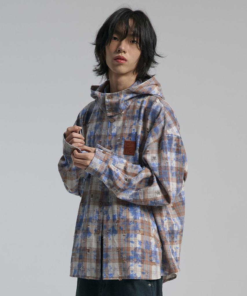 TEN PAST SEVEN Vintage Check Hooded Overshirt