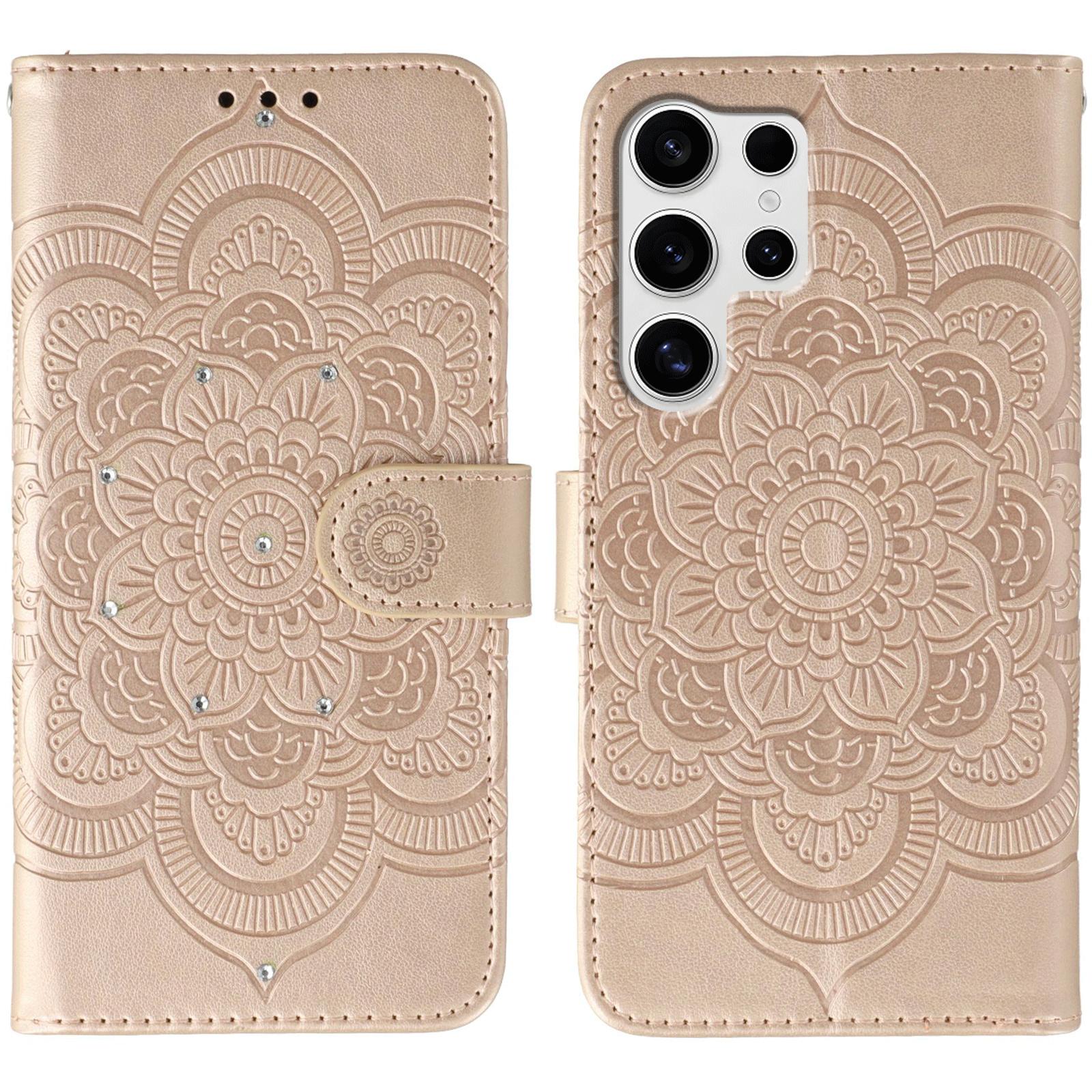 

For Samsung Galaxy S25 Ultra Case Rhinestone Decor PU Leather Mandala Imprinted Design Phone Cover with Wrist Strap Rose Gold
