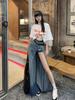 OIUYUE Women's High-Waisted Denim-Style Long Skirt with Front Slit L Blue