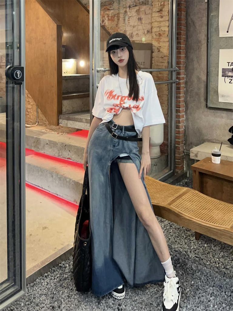 OIUYUE Women's High-Waisted Denim-Style Long Skirt with Front Slit L Blue