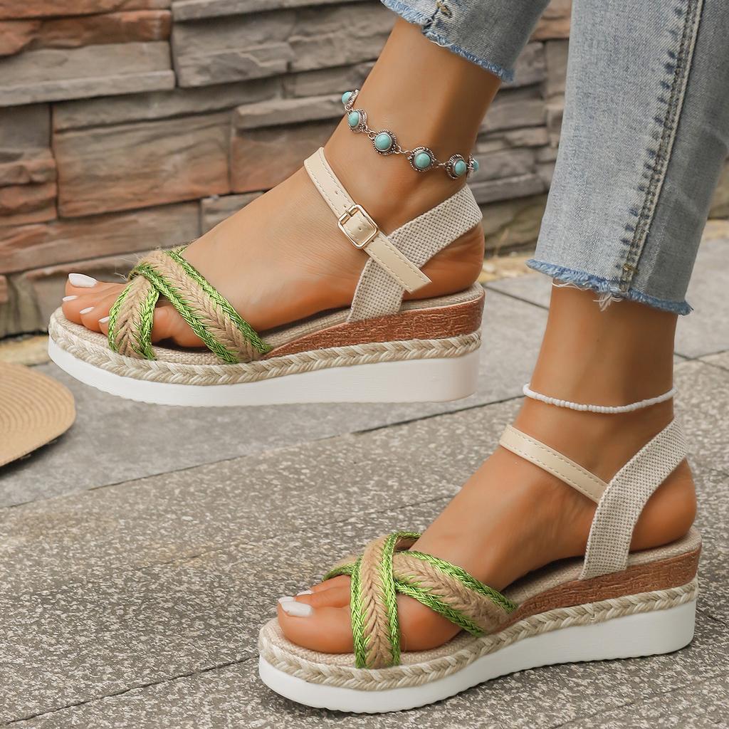 Fashion Retro Summer Women High Heel Lightweight Sandals Heel Large Colorful Braided Rope Sandalias De Mujer Outdoor Versatile Shoes