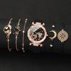 6PCs/Set Women's Fashion Watch Round Multi Heart Dial Leather Strap Quartz Watch with Black Triangle Bracelet