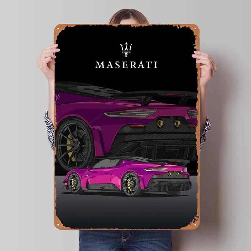 Maserati Plåtskylt Bilar Poster Dekoration för Hemdekorationer Retro Metallskylt Plakett för Garagsväggkonstdekoration Rum