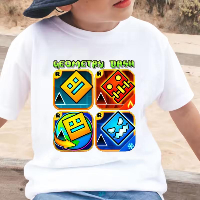 Geometry Dash Cartoon Print Kids Tshirt Childrens Clothing Summer Casual Crew Neck Short Sleeve Tee Girls Clothes Boys Tops