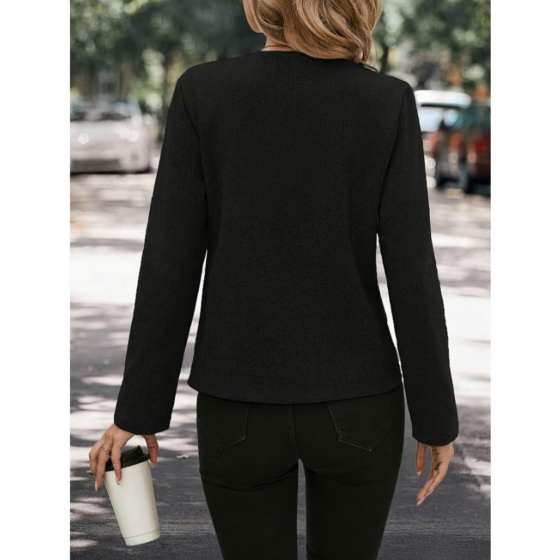 Women's Casual Black Jacket - Relaxed Fit Round Neck Solid Color Outerwear, Machine Washable & Dry Cleanable,