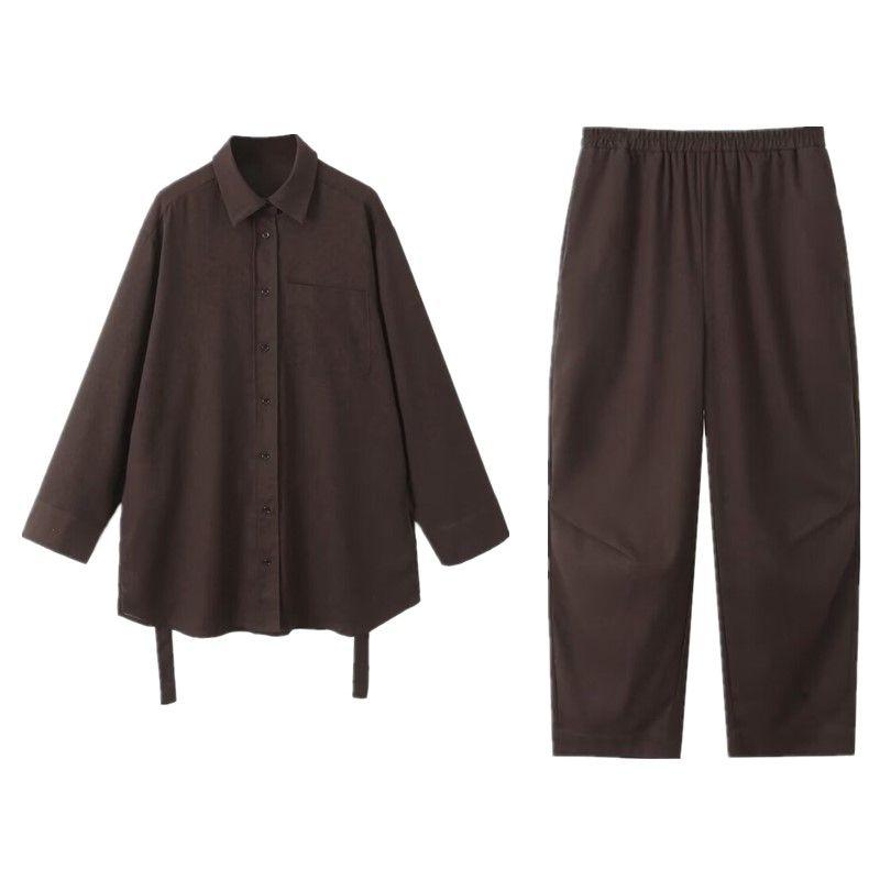 Fashion Style 24 Vintage Brown Pure Linen Mid Length Long Length Shirt Style Outwear Elastic Waist Pants 06043953717