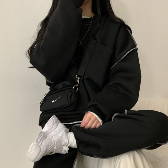 Yousheng - Conjunto de 2 piezas para mujer, top y pantalón, cuello redondo, manga larga, sudadera de color liso, cintura elástica, pantalones holgados, conjunto deportivo, chándal para otoño y primavera