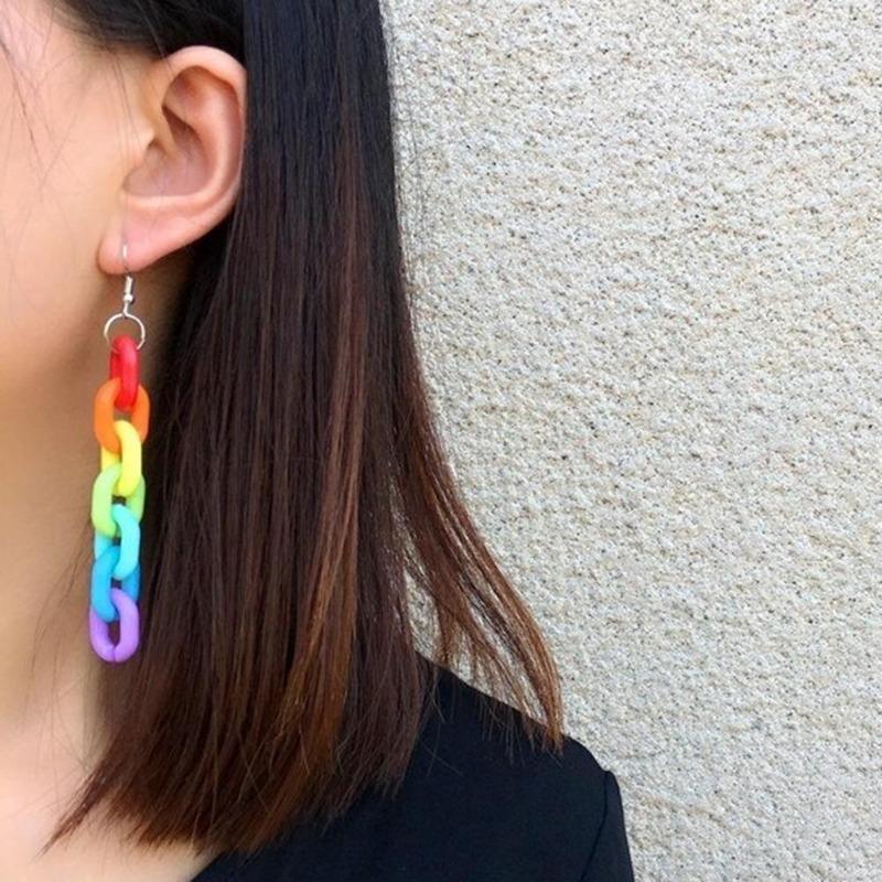 Mode Kette Ohr Haken Frauen Lange Regenbogen Clip Ohrringe Club Schmuck