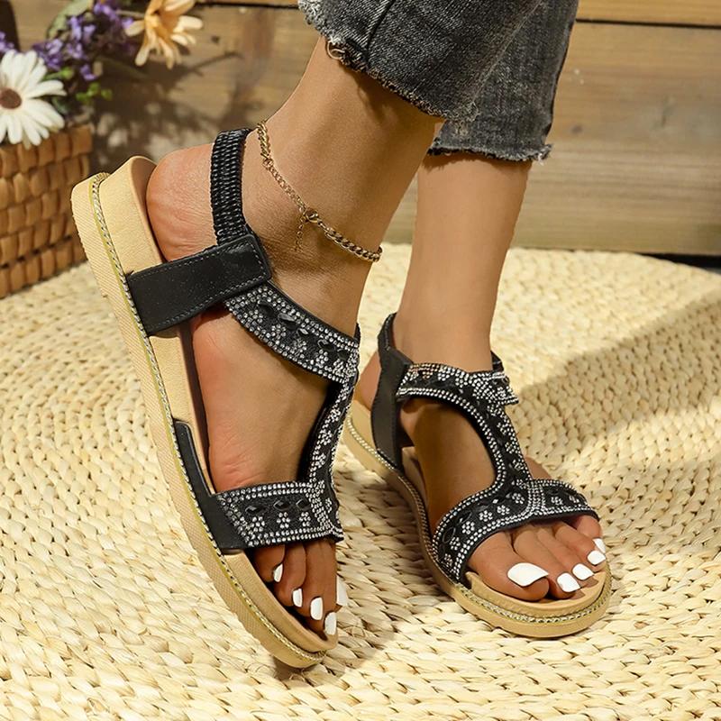 Fashion Shiny Crystal Rome Sandals Women Summer 2025 T-Strap Non-Slip Sandalias Mujer Comfort Flat Heels Non-Slip Beach Shoes Sandals