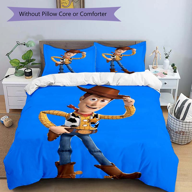 3pcs Disney Blue Woody Pattern Bedding Set, 1* Cover + 2*Pillowcases, Printed Bedding Set, Soft and Comfortable, Suitable for Bedroom and Guest R