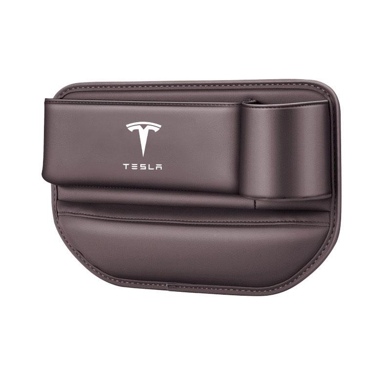 

Car Sewn Seat Gap Crevice Slot Leather Storage Box With Cup Holder for Tesla Model 3 Y Model S Model X Auto Accessories коричневий