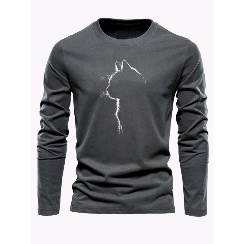 Men's 100% pure cotton loose and comfortable sports and leisure cat pattern printed round neck long sleeved T-shirt top