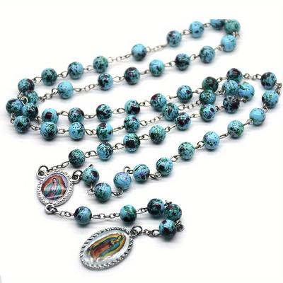 Glass Beads Bead Rosary Necklace Vintage Catholic Religious Cross Jesus Pendant Necklaces for Men Women Jewelry Wall Decoration Necklace