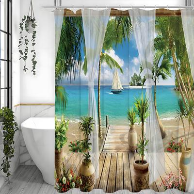 Balcony Beach Seaview Shower Curtain, Floral Ocean Palm Tree Sailboat Bathroom Decorative Shower Curtain, Waterproof Shower Curt