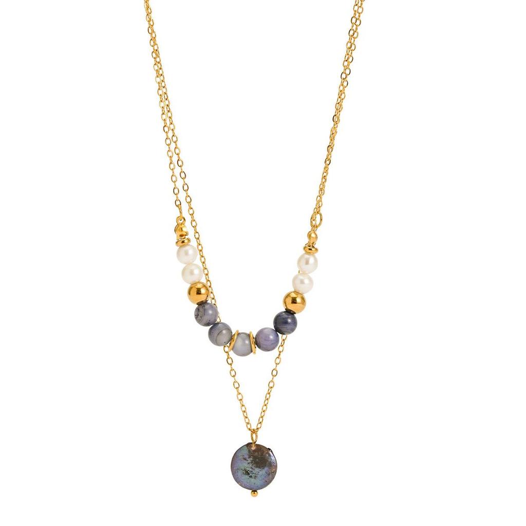 Double-Layer Pearl & Natural Stone Pendant Necklace with Titanium Steel Clavicle Chain