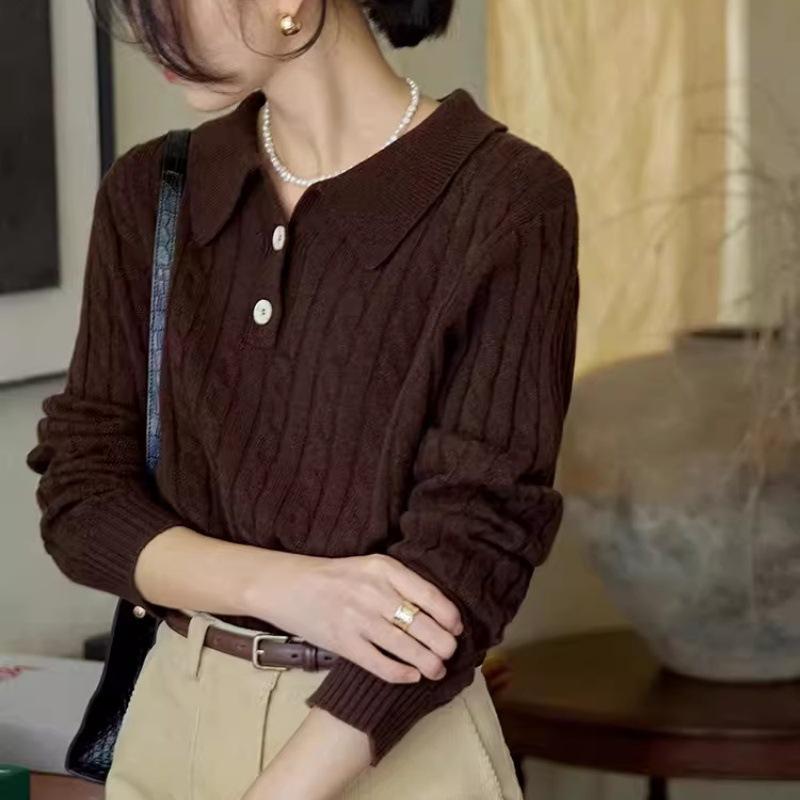 Women's French Retro Wool Cable Knit Polo Cardigan - Autumn/Winter Cashmere Lapel Sweater