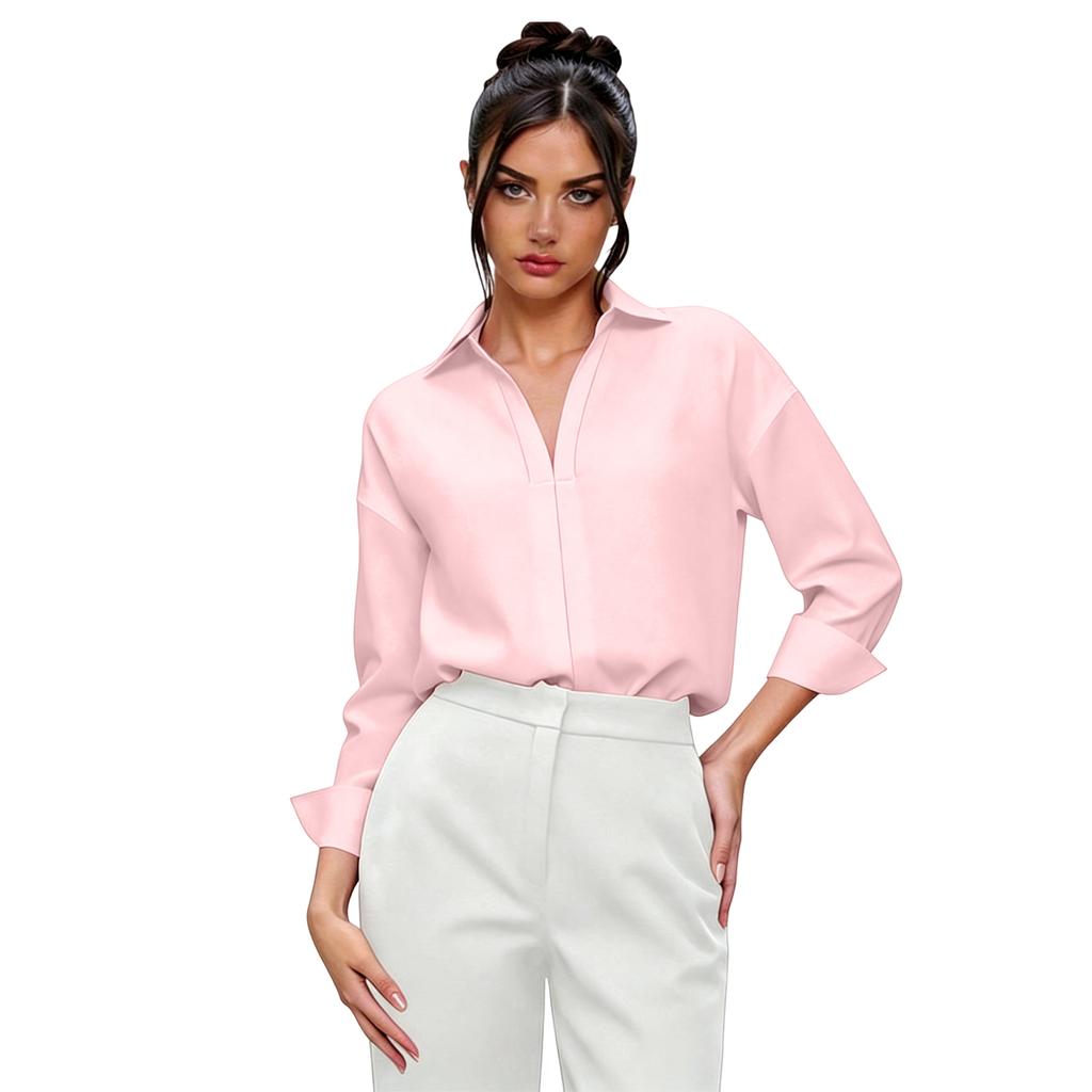 Women V Neck Lapel Long Sleeve Jumpsuit Shirt Casual Business Attire Loose Fit Button Down Top for Office Workwear