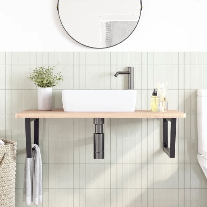 VidaXL Wall-mounted Washbasin Shelf Steel and Solid Beech Wood, Floating Washbasin Shelf, Washbasin Shelf To Place 3302519
