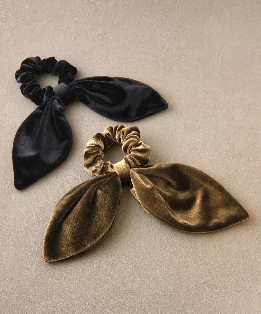 VINGTAINE Velvet Ribbon Scrunchie Hair Women's Tie, 2-Way, Detachable, Elegant, H7930-BLACK