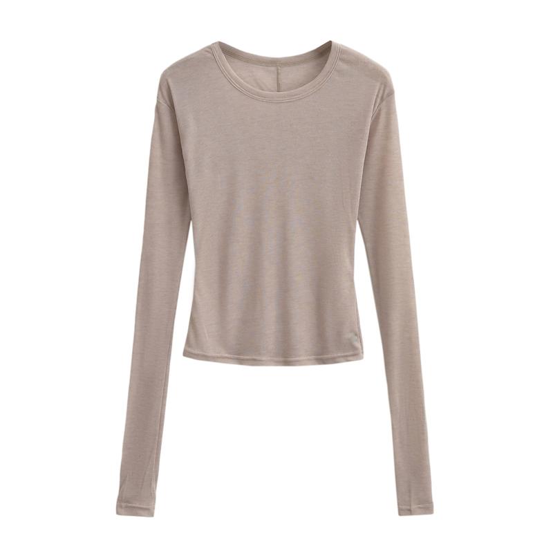 Women Crew Neck Fitted Long Sleeve Semi Sheer T-shirt