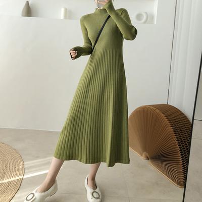 Elegant Warm Half Turtleneck Ladies A-line Sweater Dress Full Sleeve Slim Waist Women Knitted Mid-Calf Vestidos Autumn