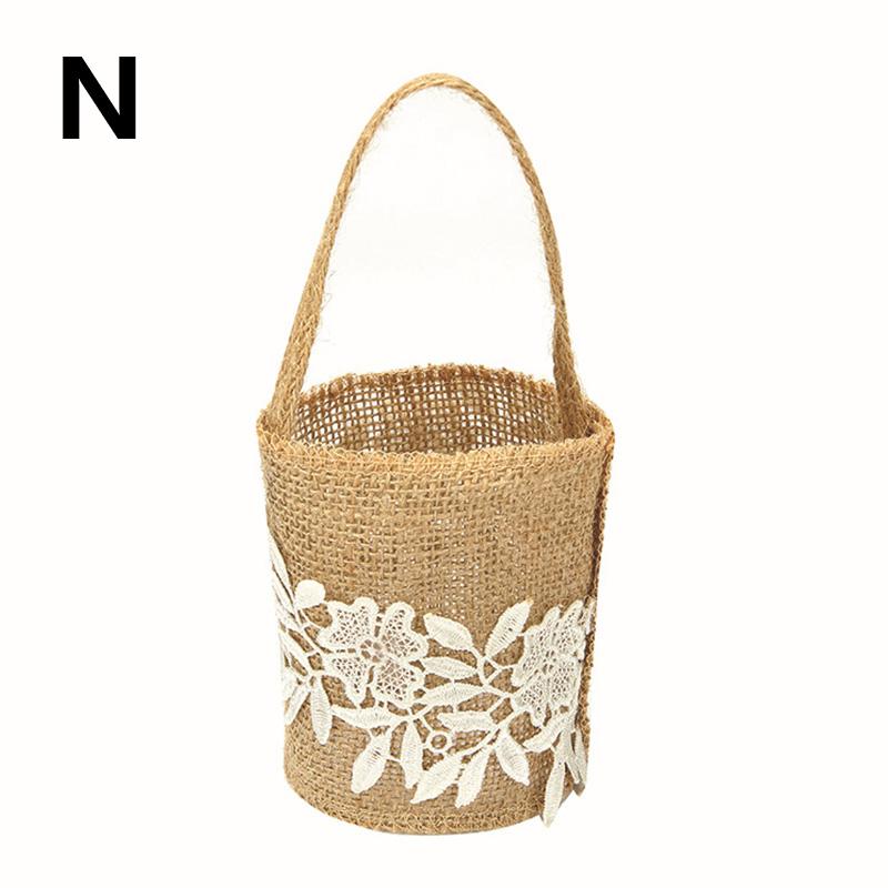 Wedding Lace Burlap Flower Basket Linen Handle Vintage Flower Basket Rustic Wedding Ceremony Lace Satin Flower Basket