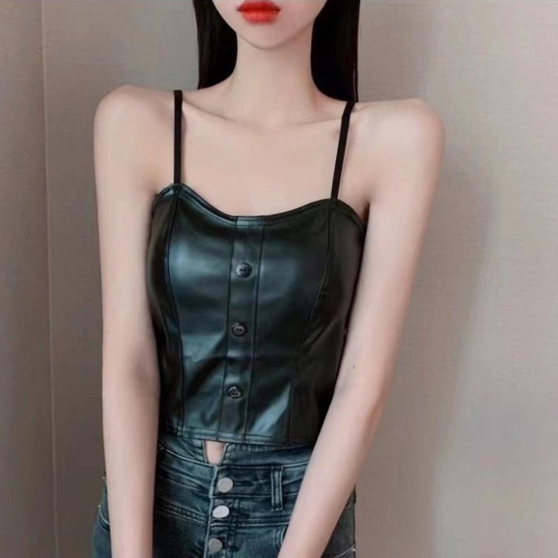 Sexy PU Leather Camisole Top Women Black Sleeveless Vest Bra with Chest Pad Underwear Korean Fashion Streetwear Female Clothes