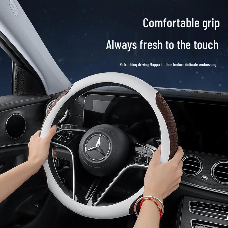 Genuine Leather Nappa Anti-Slip Steering Wheel Cover - Universal Fit, Embossed, Wear-Resistant, Comfortable for All Seasons