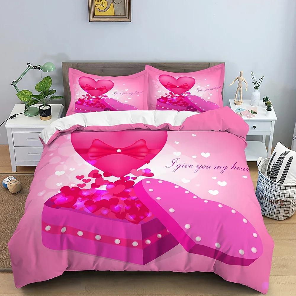 Breathable Modern 3D Love Heart Valentines Gift for Girls Women Couples Soft Polyester Home Textile King Queen Quilt