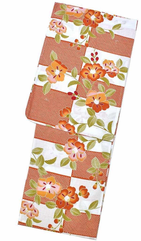 

Yukata set Cotton Plain Weave TL Tall Size White Orange Lattice Camellia Retro Modern Adult Yukata [Kimono Hitomi] 3-piece Women s Women s оранжевый