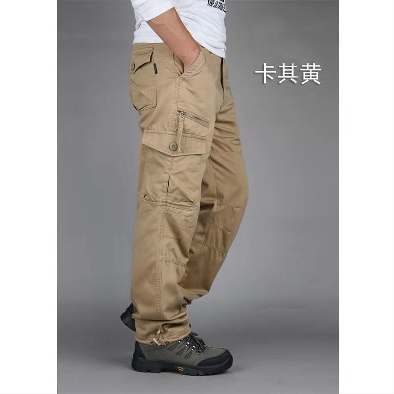 Men's Straight Leg Cargo Pants Casual Military Green Cotton Canvas Work Pants